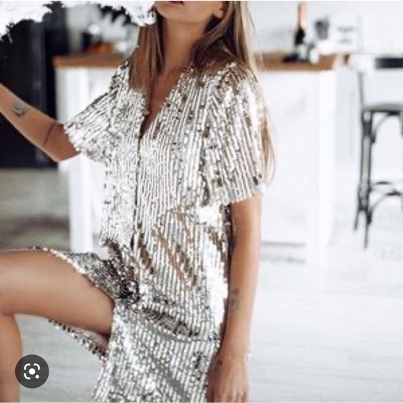 Zara Dresses & Skirts - RARE! ZARA Silver Sequin Shirt Dress